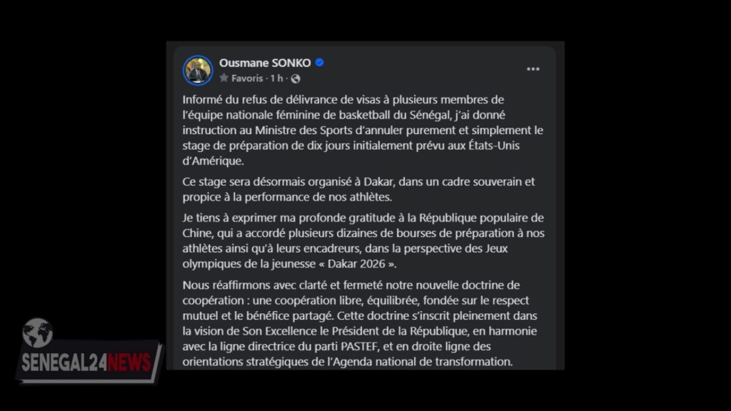 Ousmane sonko – refus visa basketeuse